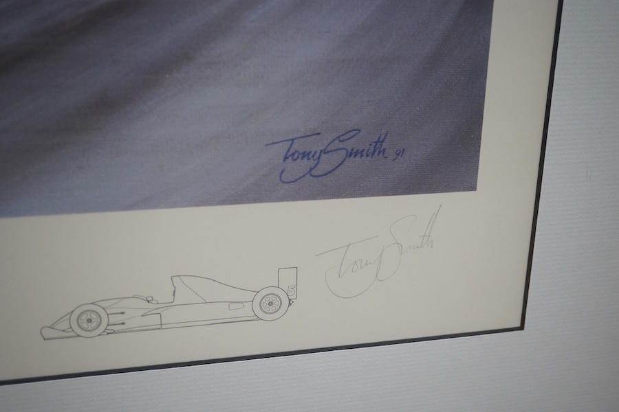 Three motor racing colour prints including, 'Off to Victory' by Tony Smith, limited edition 69/600 and ‘Nigel Mansell OBE - World Champion’ by Alan Fearnley, limited edition 681/850, all signed in pencil, largest 47 x 63